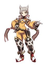 Rule 34 | 1girl, absurdres, animal ears, bad id, bad link, belt, blunt bangs, bodysuit, boots, cat ears, dagger, facial mark, flat chest, full body, gloves, hand on own hip, highres, hood, hood down, knife, looking at viewer, loose belt, nia (xenoblade), official art, pointed footwear, puffy sleeves, saitou masatsugu, sheath, silver hair, solo, weapon, white gloves, xenoblade chronicles (series), xenoblade chronicles 2, yellow eyes