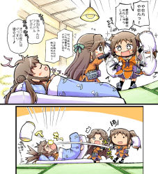 Rule 34 | +++, + +, ^^^, 10s, 3girls, :3, ahoge, breath, brown eyes, comic, double bun, dress, futon, gloves, hair intakes, hair ribbon, herada mitsuru, in the face, jintsuu (kancolle), kantai collection, long hair, motion lines, multiple girls, musical note, naka (kancolle), night battle idiot, open mouth, pillow, pillow fight, quaver, ribbon, sendai (kancolle), short hair, sleeping, smile, speech bubble, spoken musical note, surprised, tears, thighhighs, throwing, translation request, twintails, two side up, waving arms