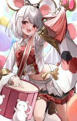 Rule 34 | = =, absurdres, animal ears, arm up, balloon, blush, bow, drum, granblue fantasy, hair bow, hairband, highres, instrument, looking at viewer, medium hair, mouse (animal), mouse ears, navel, open mouth, red eyes, shiro wa (shiroshironix), skirt, smile, vikala (granblue fantasy), white hair, wide sleeves