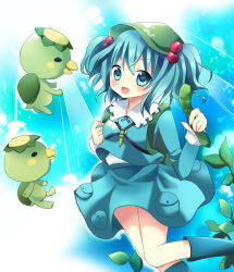 Rule 34 | 1girl, bad id, bad pixiv id, blue eyes, blue hair, cucumber, female focus, gradient background, hair bobbles, hair ornament, hat, highres, kappa, kawashiro nitori, key, matching hair/eyes, mayo (miyusa), nature, outdoors, plant, smile, solo, touhou, twintails, two side up, white background