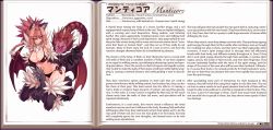 Rule 34 | 1girl, animal ears, animal hands, bikini, blush, bra, braid, breasts, cat ears, character profile, claws, cleavage, english text, fur, grin, hard-translated, kenkou cross, large breasts, lingerie, looking at viewer, manticore, manticore (monster girl encyclopedia), monster girl encyclopedia, monster girl encyclopedia ii, navel, panties, pink hair, red eyes, single braid, smile, solo, swimsuit, tail, third-party edit, translated, tsurime, underwear, wings