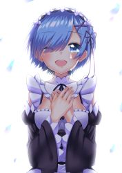 Rule 34 | 10s, 1girl, apron, bad id, bad pixiv id, blue eyes, blue hair, breasts, cleavage cutout, clothing cutout, collar, commentary request, crying, crying with eyes open, detached sleeves, dress, hair ornament, hair over one eye, hair ribbon, hands on own chest, highres, maid, maid apron, maid headdress, medium breasts, one eye closed, open mouth, own hands together, petals, re:zero kara hajimeru isekai seikatsu, rem (re:zero), ribbon, short hair, sketch, smile, solo, takamiya nao, tears, upper body, white background, wide sleeves