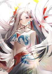 Rule 34 | 1girl, a deer of nine colors, antlers, arknights, bare shoulders, blue eyes, blue hair, blush, closed mouth, collarbone, cowboy shot, crop top, forehead, highres, horns, jewelry, kiji (yuanruiy), long hair, looking at viewer, midriff, multicolored hair, navel, necklace, nine-colored deer, red hair, shawl, silver hair, simple background, skirt, smile, solo, stomach, very long hair, white background, white skirt