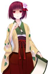 Rule 34 | 1girl, calligraphy brush, crote, empty eyes, female focus, flower, hair flower, hair ornament, hieda no akyuu, highres, japanese clothes, paintbrush, parted lips, purple hair, red eyes, scroll, solo, touhou, transparent background