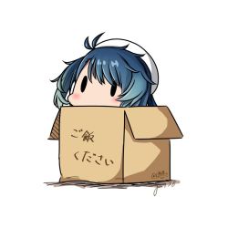Rule 34 | 1girl, blue hair, box, cardboard box, check translation, dated, fukae (kancolle), gradient hair, hat, hatsuzuki 527, in box, in container, kantai collection, multicolored hair, sailor hat, short hair, simple background, solid oval eyes, solo, translation request, twitter username, white background, white hat