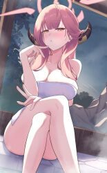 Rule 34 | 1girl, aru (blue archive), ass, blue archive, blush, breasts, brown horns, cleavage, cocoablue23, collarbone, crossed legs, demon horns, halo, highres, horns, large breasts, long hair, looking at viewer, naked towel, outdoors, parted lips, pink hair, pink halo, sitting, solo, towel, white towel, yellow eyes