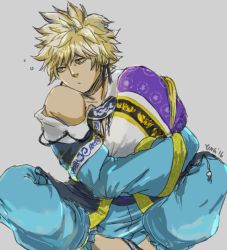Rule 34 | 1boy, artist name, blonde hair, chinese clothes, grey background, male focus, meansary, meitenkun, hugging object, pillow, pillow hug, purple eyes, simple background, sitting, solo, the king of fighters, the king of fighters xiv