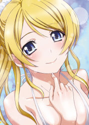 Rule 34 | 10s, 1girl, ayase eli, bare shoulders, bikini, blonde hair, blue eyes, blush, breasts, collarbone, finger to own chin, fingernails, gradient background, halterneck, light particles, looking at viewer, love live!, love live! school idol project, medium breasts, nanno koto, ponytail, scrunchie, short hair, smile, solo, swept bangs, swimsuit, white bikini