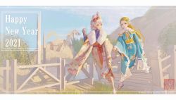 Rule 34 | 2021, 2girls, absurdres, blonde hair, dated, dawn, english text, flower, forehead tattoo, green eyes, hair flower, hair ornament, hair stick, happy new year, highres, holding hands, hyrule warriors: age of calamity, impa, irisl, japanese clothes, kimono, long hair, low-tied long hair, multiple girls, new year, nintendo, open mouth, outdoors, princess zelda, scenery, silver hair, tabi, the legend of zelda, the legend of zelda: breath of the wild, very long hair
