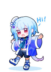 Rule 34 | 1boy, akaruku, arknights, blue hair, blue jacket, blue necktie, blue shorts, blush, chibi, chibi only, commentary, english commentary, english text, full body, gradient hair, hat, highres, jacket, light blue hair, long hair, looking at viewer, male focus, midriff, mizuki (arknights), multicolored hair, necktie, open clothes, open jacket, open mouth, ponytail, purple hair, red eyes, sailor hat, shadow, shirt, shoes, shorts, sidelocks, simple background, smile, socks, solo, striped clothes, striped socks, white background, white footwear, white hat, white shirt