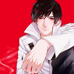 Rule 34 | 1boy, belt, brown eyes, brown hair, cigarette, hair down, jacket, juu satoshi, kusanagi kyou, looking at viewer, male focus, messy hair, popped collar, red background, smile, solo, the king of fighters, the king of fighters xiv, zipper