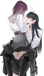 Rule 34 | 2girls, ?, black footwear, black hair, black jacket, boots, breasts, cleavage, closed mouth, collared shirt, commentary, couple, deerwhisky, dress shirt, gradient hair, grey eyes, grey skirt, hands on another&#039;s cheeks, hands on another&#039;s face, highres, interlocked fingers, jacket, long hair, long sleeves, medium breasts, multicolored hair, multiple girls, path to nowhere, purple hair, rahu (path to nowhere), scar, scar across eye, shalom (path to nowhere), shirt, simple background, skirt, spoken question mark, thigh boots, unworn jacket, white background, white hair, white shirt, yuri