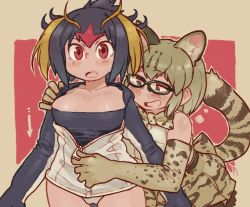 Rule 34 | 10s, 2girls, animal ears, arrow (projectile), blush, bow, bowtie, breasts, cat ears, cat tail, cleavage, collarbone, elbow gloves, female pervert, glasses, gloves, hand on another&#039;s shoulder, hand on another&#039;s stomach, hood, hoodie, kemono friends, large breasts, margay (kemono friends), multiple girls, panties, pervert, rockhopper penguin (kemono friends), short hair, smile, surprised, tail, underwear, unzipping, white panties, yuri