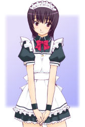 Rule 34 | 1girl, apron, bow, bowtie, brown eyes, brown hair, cowboy shot, dress, gradient background, looking away, maid, maid apron, maid headdress, original, own hands together, puffy short sleeves, puffy sleeves, ribbon, sash, short hair, short sleeves, solo, standing, uona telepin, wristband