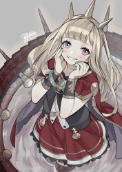 Rule 34 | 1girl, bad id, bad pixiv id, blonde hair, blue eyes, blush, bracelet, brooch, cagliostro (granblue fantasy), cape, capelet, cloak, dress, frilled dress, frills, granblue fantasy, grin, hairband, hands on own cheeks, hands on own face, highres, jewelry, long hair, looking at viewer, nao (syn eaa), purple hair, smile