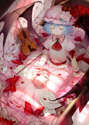 Rule 34 | 1girl, bat wings, blue hair, book, brooch, closed mouth, coffin, ascot, crown, ekita kuro, closed eyes, flower, from above, full body, hat, hat flower, hat ribbon, highres, instrument, jewelry, mini crown, mob cap, petals, pink skirt, red flower, red ribbon, red rose, remilia scarlet, ribbon, rose, rose petals, sheet music, sitting, skirt, skirt set, skull, solo, sunlight, touhou, violin, white flower, white ribbon, white rose, wings, wrist cuffs