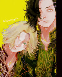 Rule 34 | 2boys, black eyes, black hair, blonde hair, brown eyes, character request, closed mouth, collarbone, green eyes, hair over one eye, head rest, highres, leaning on person, looking at viewer, male focus, multiple boys, painterly, simple background, slit pupils, tokyo revengers, upper body, user hakd4743, yellow background