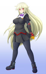 Rule 34 | 1girl, aq interactive, arcana heart, arcana heart 3, atlus, black pantyhose, blonde hair, boots, bow, bowtie, breasts, examu, full body, gauntlets, highres, impossible clothes, large breasts, leggings, long hair, pantyhose, red eyes, shiny clothes, simple background, solo, very long hair, weiss, zin, zin (goraku hiroba)