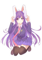 Rule 34 | absurdres, animal ears, black thighhighs, blazer, blouse, breasts, buttons, collared shirt, crescent, crescent pin, diving penguin, highres, jacket, large breasts, light purple hair, long hair, medium skirt, necktie, pink skirt, pleated skirt, purple hair, rabbit ears, rabbit girl, red eyes, red necktie, reisen udongein inaba, shirt, shoes, simple background, skirt, solo, thighhighs, tongue, touhou, very long hair, white background, white shirt