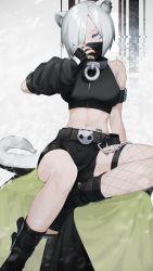 Rule 34 | 1girl, animal ear fluff, animal ears, arknights, arm warmers, bad id, bad pixiv id, barcode, barcode tattoo, belt, black belt, black footwear, black gloves, black nails, black shirt, blouse, boots, chain, collar, commentary request, crop top, ear piercing, ferret ears, ferret tail, fingerless gloves, fishnet thighhighs, fishnets, gloves, grey background, grey eyes, hand up, head tilt, highres, huge filesize, looking at viewer, mask, midriff, mouth mask, nail polish, navel, ninja mask, piercing, prototype design, shirayuki (arknights), shirt, short hair, silver hair, single thighhigh, sitting, solo, stomach, tail, tattoo, thighhighs, thighs, toeless footwear, wakahiko, weasel ears, weasel tail