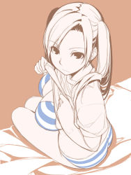 Rule 34 | 1girl, :|, bed, bikini, breasts, closed mouth, clothes lift, from above, huge breasts, ino (magloid), kousaka rino, long hair, looking at viewer, monochrome, otome function, serious, shirt lift, sitting, solo, striped bikini, striped clothes, swimsuit, twintails