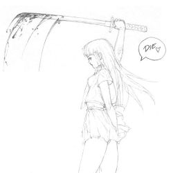 Rule 34 | arm behind back, blood, greyscale, heart, long hair, lowres, monochrome, sketch, skirt, solo, sword, weapon