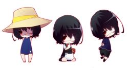 Rule 34 | 0123456789, 10s, 1girl, ahoge, another, arms behind back, black hair, chibi, eyepatch, finger sucking, finger to mouth, hat, hat ribbon, misaki mei, montage, red eyes, ribbon, school swimsuit, school uniform, shorts, simple background, socks, sun hat, swimsuit, tokimura shurei