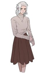 Rule 34 | 1girl, 5altybitter5, brown skirt, closed mouth, emet-selch, final fantasy, final fantasy xiv, genderswap, genderswap (mtf), grey hair, grey sweater, hair slicked back, highres, jewelry, looking at viewer, necklace, simple background, skirt, solo, standing, sweater, white background