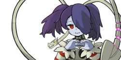 Rule 34 | 1girl, bare shoulders, blue hair, blue skin, colored skin, detached collar, detached sleeves, hair over one eye, heart, heart hands, highres, leviathan (skullgirls), purple hair, side ponytail, skull, skullgirls, squigly (skullgirls), stitched mouth, stitches, striped, striped sleeves, zombie