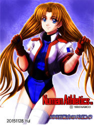 Rule 34 | 1girl, blue eyes, brown hair, bunching hair, copyright name, female focus, flag, french flag, gloves, hair ornament, unworn hair ornament, holding, holding hair, jacket, leotard, long hair, looking at viewer, low twintails, namco, numan athletics, retro artstyle, sharon (numan athletics), sharon les halles, shuraku yui, smile, solo, thighhighs, twintails, very long hair, white thighhighs