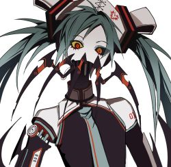 Rule 34 | 1girl, android, arthropod limbs, bare shoulders, black sclera, blouse, blue hair, ca (maeda koutarou), calne ca (deino), collared shirt, colored sclera, cosplay, detached sleeves, hair ornament, hat, hatsune miku, hatsune miku (cosplay), hemostatic, high collar, highres, horror (theme), long hair, looking at viewer, mandibles, mechanical arms, mechanical parts, necktie, no mouth, no nose, nurse cap, red eyes, saikin osen - bacterial contamination - (vocaloid), shirt, single mechanical arm, sleeveless, sleeveless shirt, solo, twintails, vocaloid, yellow sclera
