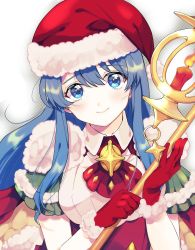 Rule 34 | 1girl, aqua hair, bad id, bad twitter id, blue eyes, candle, closed mouth, eirika (fire emblem), eirika (winter) (fire emblem), fire emblem, fire emblem: the sacred stones, fire emblem heroes, fur trim, gloves, hasebe (17 feh), hat, highres, holding, holding staff, long hair, nintendo, pom pom (clothes), red gloves, red hat, santa costume, santa hat, smile, solo, staff, upper body
