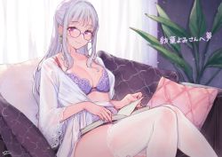 Rule 34 | 1girl, book, bra, breasts, cleavage, commentary request, couch, curtains, cushion, earrings, garter belt, glasses, grey hair, highres, holding, holding book, indie virtual youtuber, indoors, jewelry, lingerie, long hair, looking at viewer, medium breasts, nail polish, pink nails, plant, purple-framed eyewear, purple bra, purple eyes, second-party source, signature, smile, solo, thighhighs, underwear, uni (melm), very long hair, virtual youtuber, white thighhighs, yomi tsumugiha