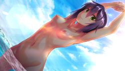 Rule 34 | 1girl, armpits, arms up, backlighting, breasts, breasts apart, cloud, cloudy sky, completely nude, convenient censoring, cowboy shot, day, dosu (doseven), green eyes, highres, interlocked fingers, messy hair, navel, nipples, nude, nudist, ocean, original, outdoors, own hands together, purple hair, short hair, sky, small breasts, solo, wading, yuki (dosu (doseven))