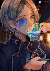Rule 34 | 1boy, artist name, blue-tinted eyewear, blue eyes, blue jacket, blue shirt, broken hourglass, buttons, collared jacket, collared shirt, commentary, crescent, crescent pin, cup, ear piercing, english commentary, eyelashes, gold trim, grey hair, high collar, highres, holding, holding cup, holding plate, hoshi-pan, indoors, jacket, lapels, long sleeves, looking at object, making-of available, male focus, mole, mole under eye, monocle, open clothes, open jacket, original, painttool sai (medium), parted lips, piercing, plate, round eyewear, shirt, short hair, solo, tea, teeth, thick eyebrows, tinted eyewear, upper body, window, yellow-framed eyewear