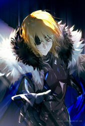 1boy armor black_armor black_fur blonde_hair blue_cape blue_eyes breastplate cape closed_mouth commentary cowboy_shot dimitri_alexandre_blaiddyd english_commentary eyepatch fire_emblem fire_emblem:_three_houses fur-trimmed_cape fur_trim hair_between_eyes kaze-hime looking_at_viewer male_focus nintendo one_eye_covered reaching reaching_towards_viewer solo white_fur