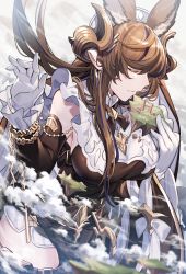 Rule 34 | 1girl, animal ear fluff, animal ears, black dress, black sleeves, breasts, brown hair, closed eyes, commentary request, cowboy shot, detached sleeves, dress, extra ears, floating island, frilled sleeves, frills, galleon (granblue fantasy), gloves, gold trim, granblue fantasy, grey background, highres, hizuki miya, large breasts, long hair, outdoors, pointy ears, solo, very long hair, white gloves