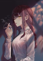 Rule 34 | 1girl, black necktie, braid, branch, breasts, chainsaw man, cigarette, collared shirt, commentary request, eyelashes, fingernails, grey shirt, hair between eyes, hair ornament, hand up, highres, holding, holding cigarette, leaf, lips, long fingernails, long hair, long sleeves, looking at viewer, makima (chainsaw man), medium breasts, nail polish, necktie, open mouth, petals, pink nails, puffy long sleeves, puffy sleeves, red hair, shadow, shirt, sidelocks, smoke, solo, standing, tree, wall, wolla, yellow eyes