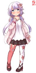 Rule 34 | 1girl, alternate costume, asymmetrical legwear, black footwear, black skirt, blush, casual, commentary request, dated, flower, full body, hair flower, hair ornament, highres, jacket, kanon (kurogane knights), kantai collection, looking at viewer, pantyhose, pink jacket, pleated skirt, purple hair, shirt, shoes, short hair, short hair with long locks, simple background, single leg pantyhose, skirt, sleeves past wrists, solo, standing, thighhighs, uneven legwear, white background, white shirt, yayoi (kancolle)