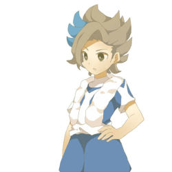 Rule 34 | 10s, 1boy, blue hair, brown hair, earth eleven, hand on own hip, inazuma eleven (series), inazuma eleven go, inazuma eleven go galaxy, male focus, matatagi hayato, mikoto (cotot), multicolored hair, open mouth, short hair, simple background, soccer uniform, solo, sportswear, two-tone hair, white background