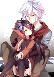 Rule 34 | 1boy, 1girl, age difference, animal hood, cuddling, grey eyes, hair ornament, hand on another&#039;s head, highres, hood, hoodie, long hair, no game no life, no game no life zero, one eye closed, oversized clothes, purple hair, riku dora, robot girl, short hair, shuvi (no game no life), sitting, sitting on lap, sitting on person, thighhighs, very long hair, white hair, yellow eyes