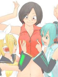 Rule 34 | 3girls, age difference, akinbo (hyouka fuyou), aqua eyes, aqua hair, blonde hair, blue eyes, blush, grabbing another&#039;s breast, breasts, brown eyes, brown hair, child, cross-eyed, glowing, grabbing, hatsune miku, kagamine rin, meiko (vocaloid), multiple girls, navel, onee-loli, open mouth, vocaloid, yuri