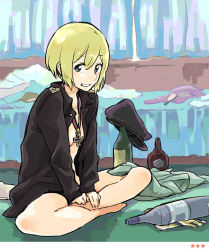 Rule 34 | 1girl, barefoot, blonde hair, bottle, clothes, cross, erica hartmann, grin, hands on feet, hat, indian style, iron cross, md5 mismatch, medal, messy room, open clothes, open shirt, pe88y (yu tsugirls), resolution mismatch, shirt, short hair, sitting, smile, solo, source smaller, strike witches, world witches series