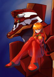 Rule 34 | 1girl, absurdres, arm support, artist request, ass, blue eyes, bodysuit, breasts, curvy, eva 02, full body, highres, huge ass, lips, looking at viewer, mecha, neon genesis evangelion, pilot suit, plugsuit, robot, shiny clothes, solo, souryuu asuka langley, thighs, two side up, wide hips