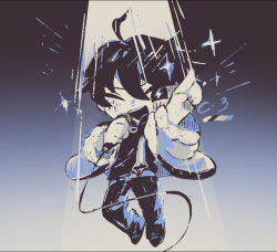 Rule 34 | 1boy, ;d, ahoge, arm up, chibi, eyebrows hidden by hair, full body, hair between eyes, holding, holding microphone, hood, hood down, hoodie, jacket, kiduta cielo, male focus, microphone, monochrome, nijisanji, one eye closed, open clothes, open jacket, open mouth, pants, pointing, pointing up, saegusa akina, shoes, smile, solo, teeth, upper teeth only, virtual youtuber