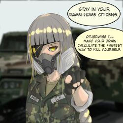 Rule 34 | black gloves, blurry, blurry background, braid, camouflage, camouflage jacket, eyepatch, gas mask, girls&#039; frontline, gloves, green shirt, jacket, long hair, long sleeves, looking at viewer, m16a1 (boss) (girls&#039; frontline), m16a1 (girls&#039; frontline), mask, mole, mole under eye, mouth mask, multicolored hair, pointing, pointing at viewer, scar, shirt, solo, third-party source, threat, white hair, yellow eyes
