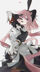 Rule 34 | 1boy, :d, animal ears, apron, artist name, astolfo (fate), astolfo (saber) (fate), black gloves, black ribbon, bow, bowtie, copyright notice, crossdressing, fake animal ears, fate/grand order, fate (series), gloves, hair between eyes, hair ribbon, hand up, heart, highres, juliet sleeves, k00s, long hair, long sleeves, maid, male focus, open mouth, pink hair, puffy sleeves, purple eyes, rabbit ears, ribbon, simple background, smile, solo, trap, v, white apron, white background