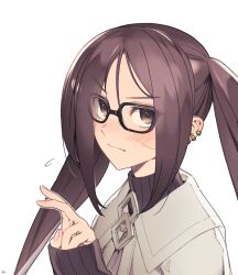 Rule 34 | 1girl, akuta hinako, black-framed eyewear, black sweater, blush, brown eyes, brown hair, capelet, closed mouth, commentary request, ear piercing, fate/grand order, fate (series), glasses, highres, long hair, looking at viewer, mitsurugi sugar, piercing, ribbed sweater, simple background, sleeves past wrists, solo, sweater, turtleneck, turtleneck sweater, twintails, upper body, v, very long hair, white background, white capelet