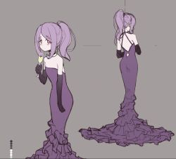 Rule 34 | 10s, 1girl, ass, dress, drink, elbow gloves, gloves, highres, light purple hair, little witch academia, long hair, purple dress, red eyes, solo, sucy manbavaran