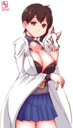 Rule 34 | 1girl, alternate costume, azur lane, black eyes, black hair, blue skirt, breasts, cleavage, cleavage cutout, clothing cutout, cosplay, cowboy shot, dated, expressionless, fox mask, highres, historical name connection, kaga (azur lane), kaga (azur lane) (cosplay), kaga (kancolle), kanon (kurogane knights), kantai collection, large breasts, logo, looking at viewer, mask, muneate, name connection, one-hour drawing challenge, pleated skirt, side ponytail, simple background, skirt, solo, standing, white background